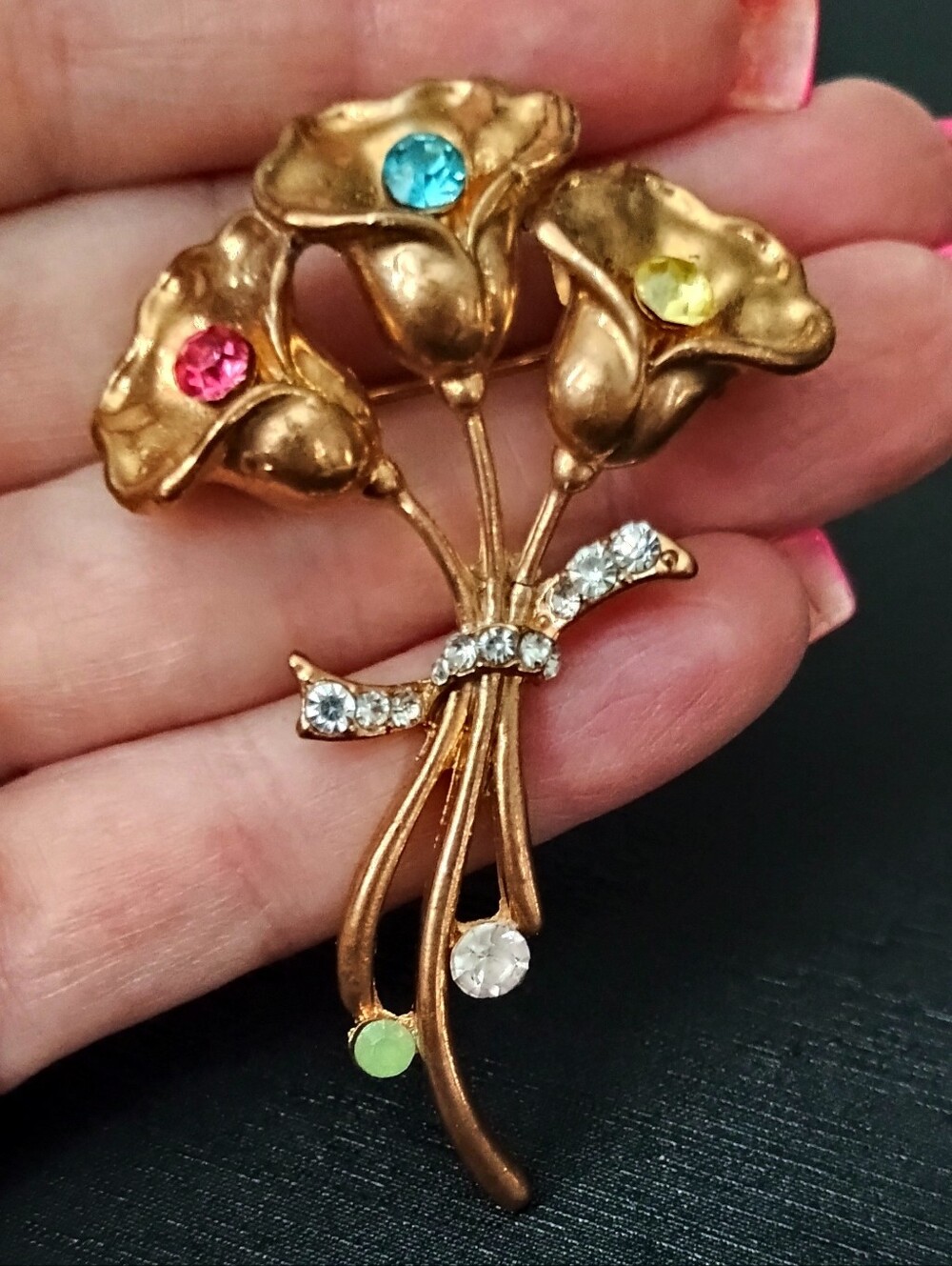 Vintage Gold Floral Rhinestone Brooch - Pink & Green Accents